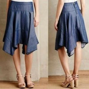 Anthropologie HD In Paris Skirt 2 Blue Chambray Denim Asymmetrical MIDI Skirt